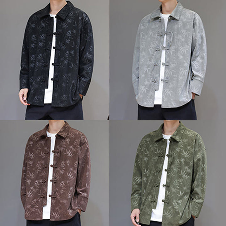 Buddha Stones Jacquard Leaves Pattern Frog-Button Long Sleeve Men's Cotton Tang Suit Jacket - image 37
