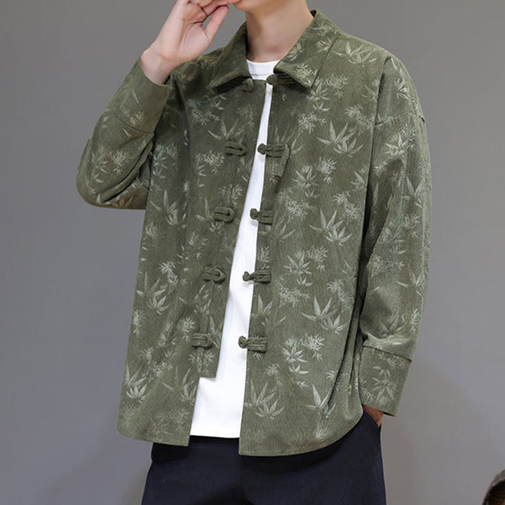 Buddha Stones Jacquard Leaves Pattern Frog-Button Long Sleeve Men's Cotton Tang Suit Jacket - image 17