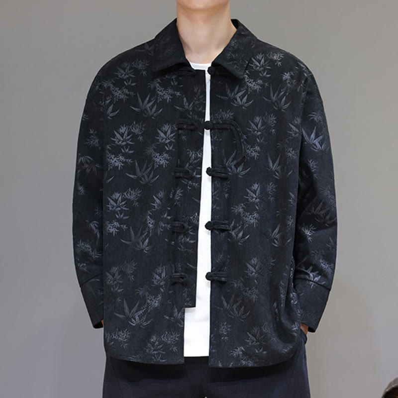 Buddha Stones Jacquard Leaves Pattern Frog-Button Long Sleeve Men's Cotton Tang Suit Jacket - image 7