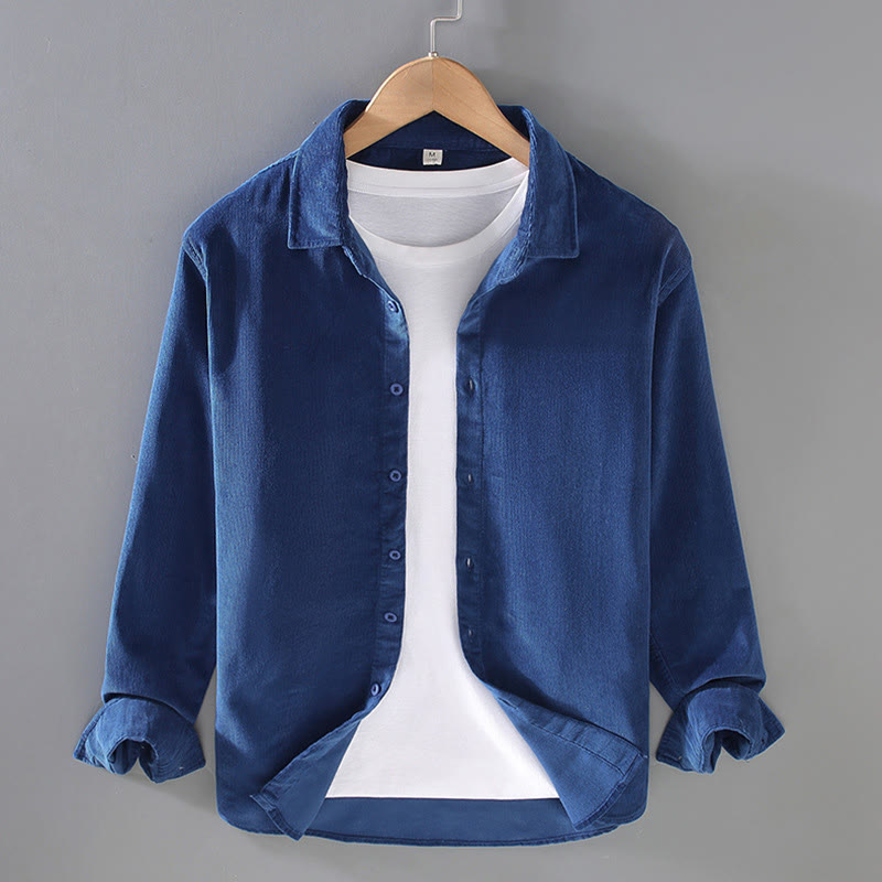 Buddha Stones Men's Solid Color Buttons Design Long Sleeve Pure Cotton Corduroy Shirt - MediumBlue - US/UK/AU44，EU54 (4XL) - image 1