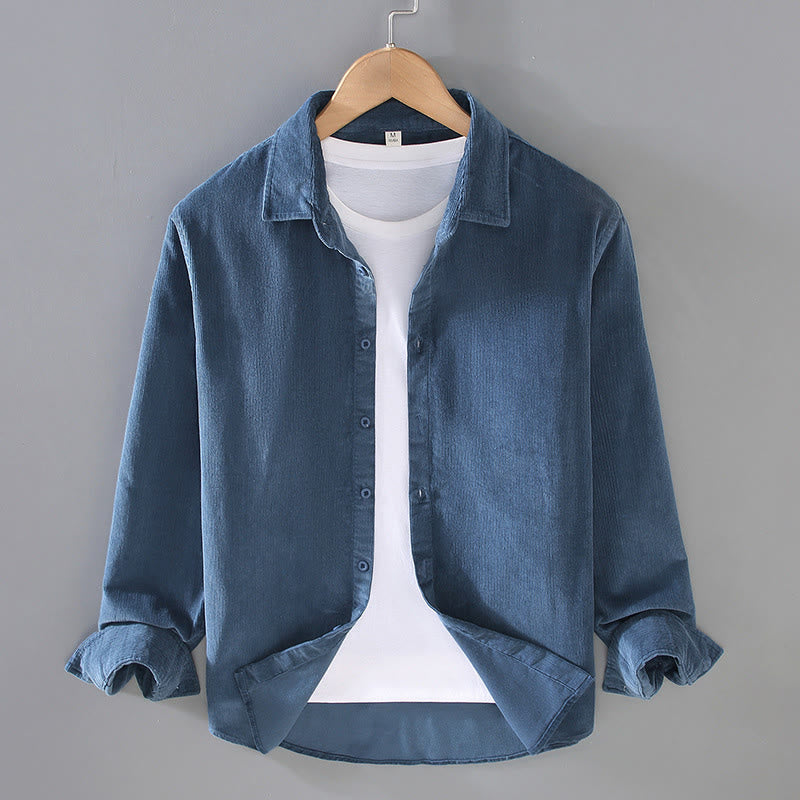 Buddha Stones Men's Solid Color Buttons Design Long Sleeve Pure Cotton Corduroy Shirt - SteelBlue - US/UK/AU44，EU54 (4XL) - image 0