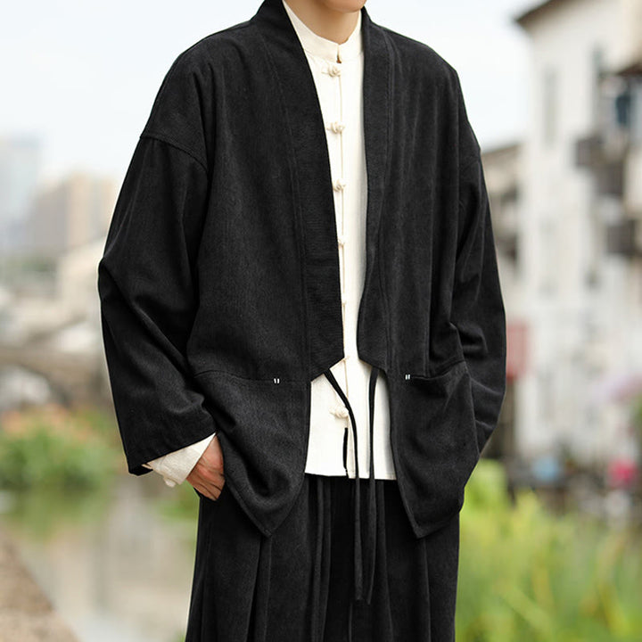 Buddha Stones Solid Color Open Front Long Sleeve Jacket Men's Cotton Corduroy Kimono With Pockets - image 18