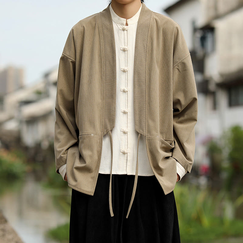 Buddha Stones Solid Color Open Front Long Sleeve Jacket Men's Cotton Corduroy Kimono With Pockets - image 1