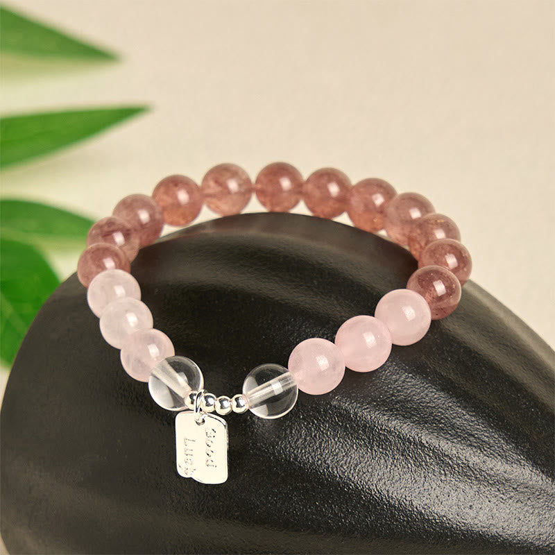 Buddha Stones Amethyst Rose Quartz Strawberry Quartz Good Luck Charm Bracelet - image 14