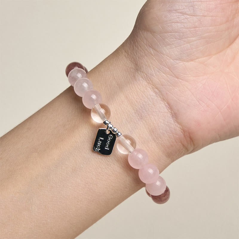 Buddha Stones Amethyst Rose Quartz Strawberry Quartz Good Luck Charm Bracelet - image 16