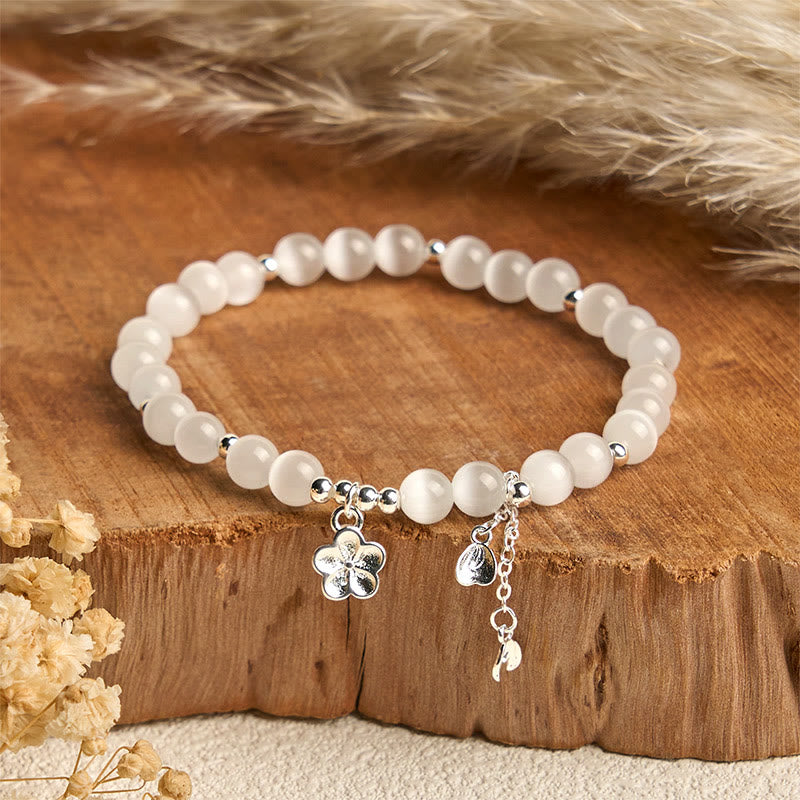 Buddha Stones Natural Cat's Eye Cherry Blossom Peace Bracelet - White Cat's Eye(Wrist Circumference:15-17cm) - image 0