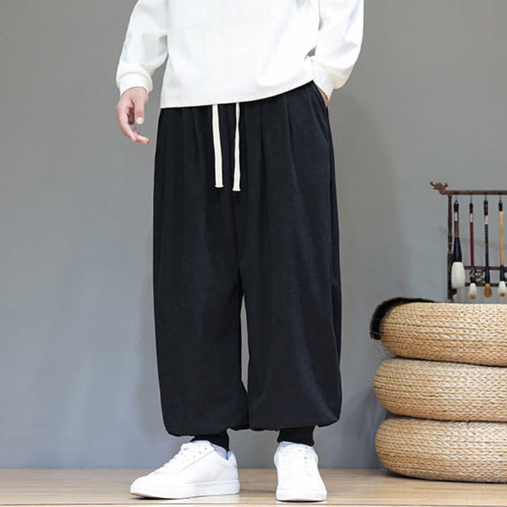 Buddha Stones Fall Plain Drawstring Simple Design Men's Harem Cotton Corduroy Pants With Pockets - image 36