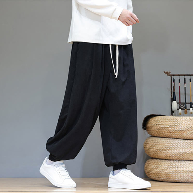 Buddha Stones Fall Plain Drawstring Simple Design Men's Harem Cotton Corduroy Pants With Pockets - image 33