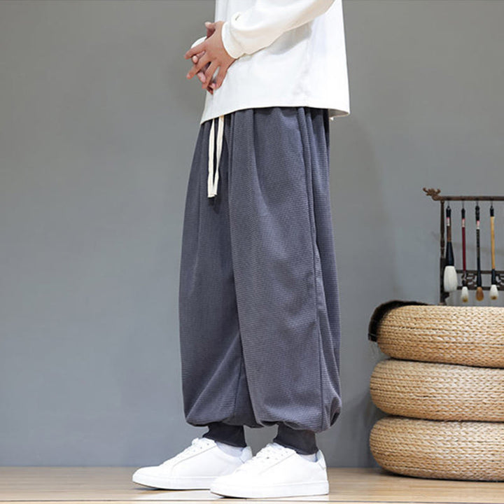 Buddha Stones Fall Plain Drawstring Simple Design Men's Harem Cotton Corduroy Pants With Pockets - image 3