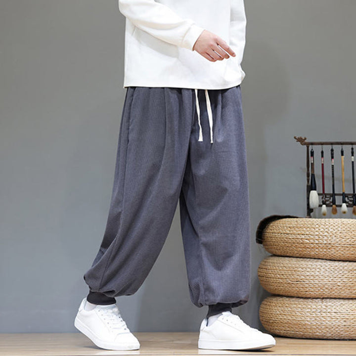 Buddha Stones Fall Plain Drawstring Simple Design Men's Harem Cotton Corduroy Pants With Pockets - image 2