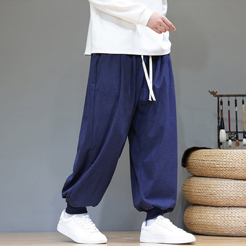 Buddha Stones Fall Plain Drawstring Simple Design Men's Harem Cotton Corduroy Pants With Pockets - image 52