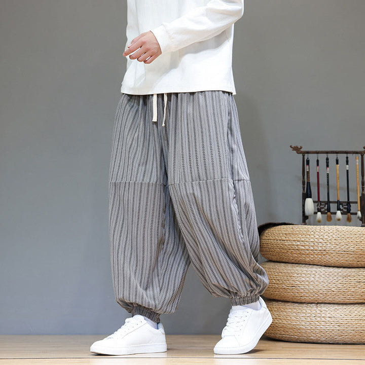 Buddha Stones Fall Striped Pattern Drawstring Men's Harem Corduroy Pants With Pockets - image 43
