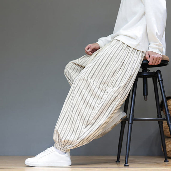 Buddha Stones Fall Striped Pattern Drawstring Men's Harem Corduroy Pants With Pockets - image 32