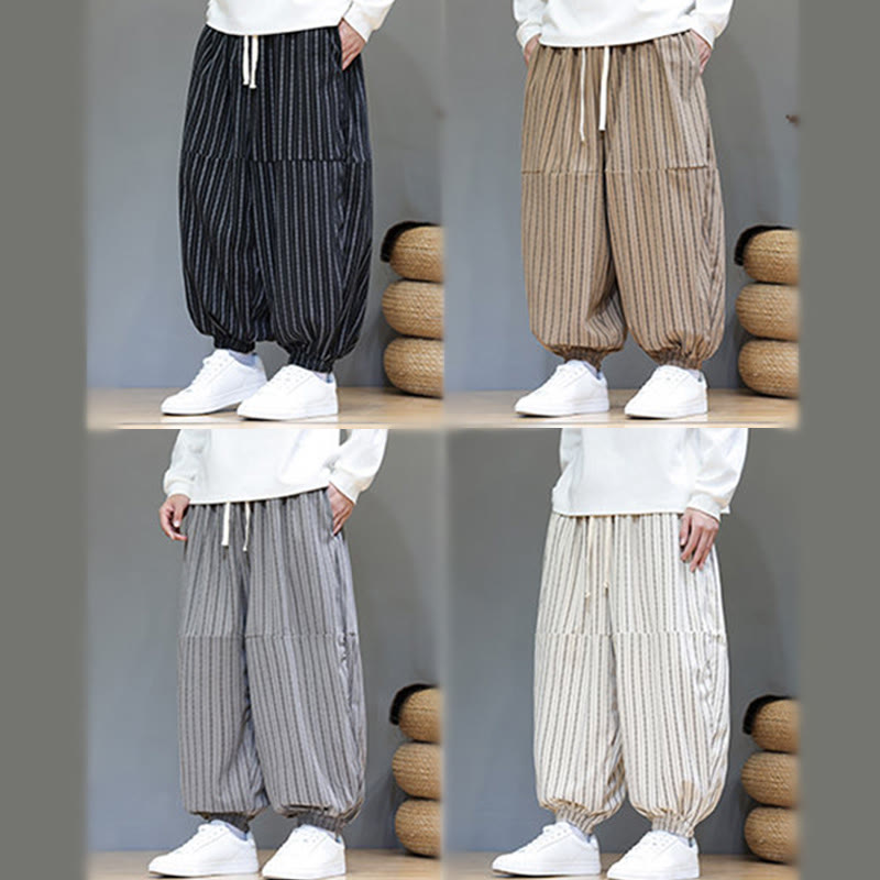 Buddha Stones Fall Striped Pattern Drawstring Men's Harem Corduroy Pants With Pockets - image 70