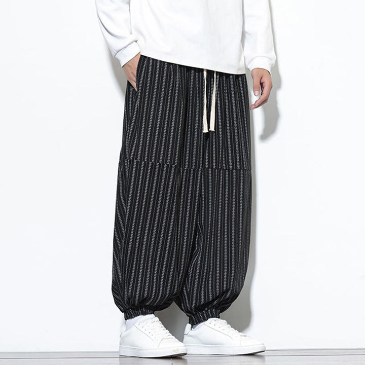 Buddha Stones Fall Striped Pattern Drawstring Men's Harem Corduroy Pants With Pockets - image 12