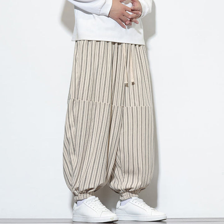 Buddha Stones Fall Striped Pattern Drawstring Men's Harem Corduroy Pants With Pockets - image 24