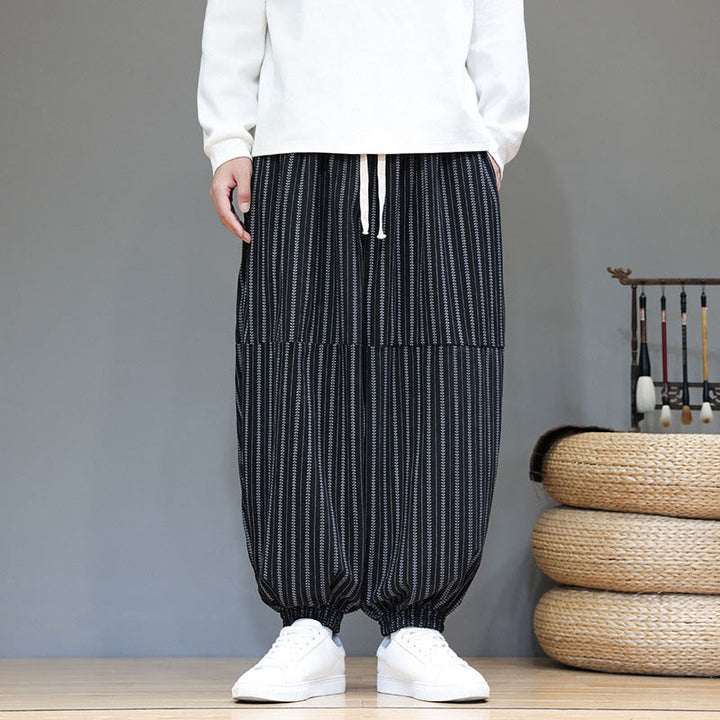 Buddha Stones Fall Striped Pattern Drawstring Men's Harem Corduroy Pants With Pockets - image 1