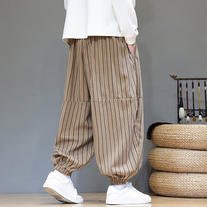 Buddha Stones Fall Striped Pattern Drawstring Men's Harem Corduroy Pants With Pockets - image 68