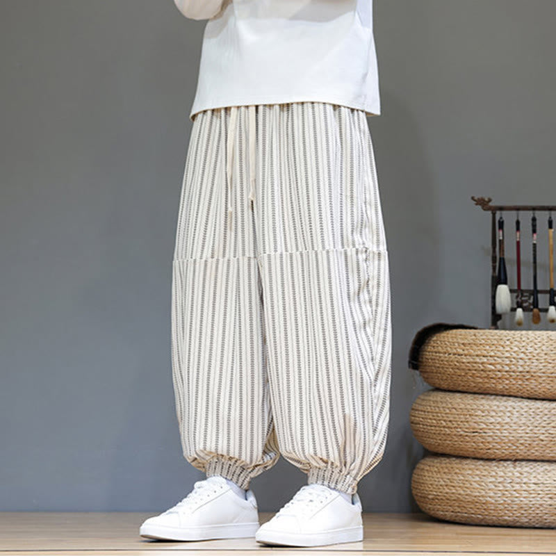 Buddha Stones Fall Striped Pattern Drawstring Men's Harem Corduroy Pants With Pockets - image 28