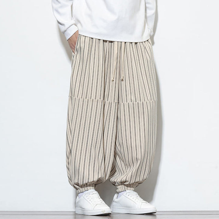 Buddha Stones Fall Striped Pattern Drawstring Men's Harem Corduroy Pants With Pockets - image 22