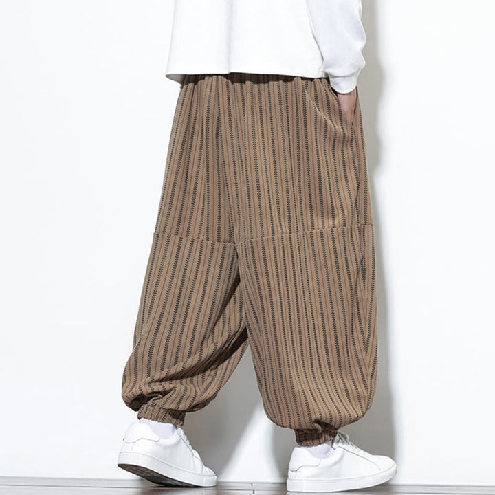 Buddha Stones Fall Striped Pattern Drawstring Men's Harem Corduroy Pants With Pockets - image 61
