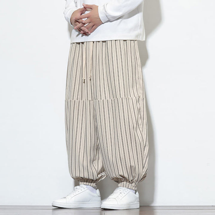 Buddha Stones Fall Striped Pattern Drawstring Men's Harem Corduroy Pants With Pockets - image 23