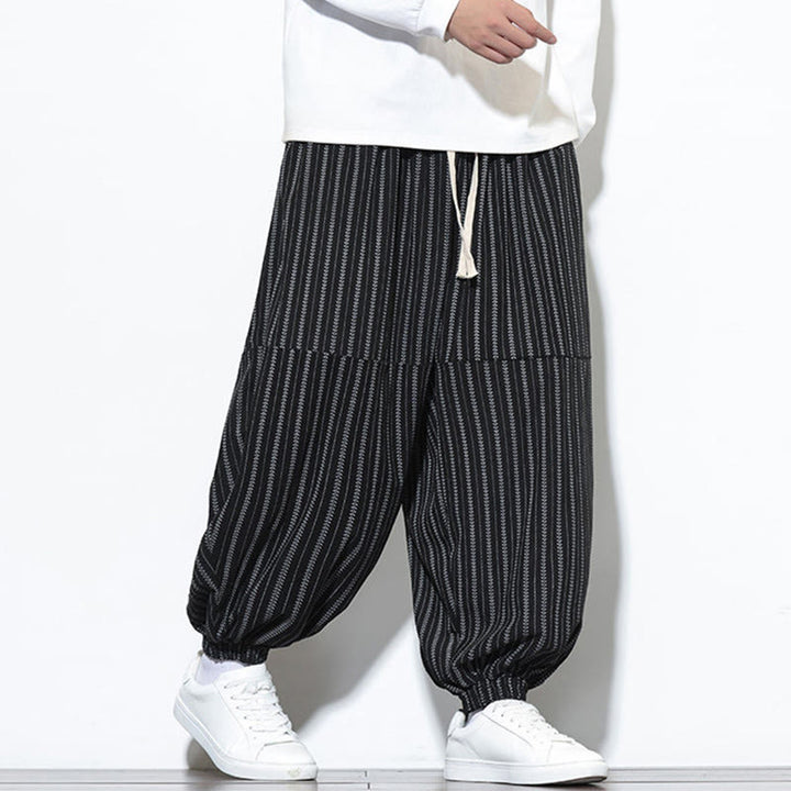 Buddha Stones Fall Striped Pattern Drawstring Men's Harem Corduroy Pants With Pockets - image 15