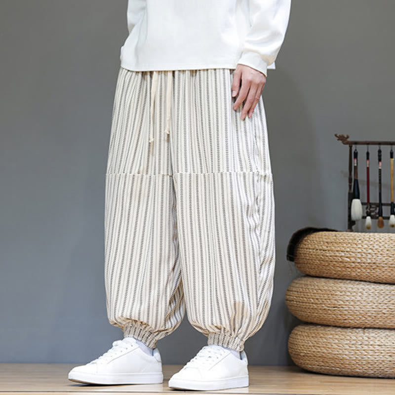 Buddha Stones Fall Striped Pattern Drawstring Men's Harem Corduroy Pants With Pockets - image 30