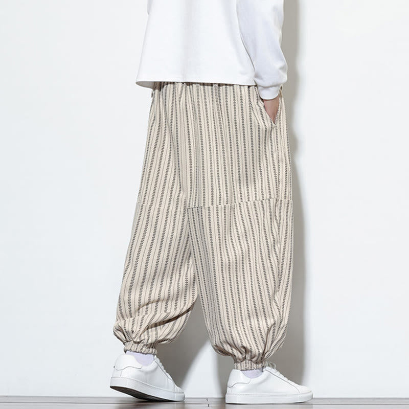 Buddha Stones Fall Striped Pattern Drawstring Men's Harem Corduroy Pants With Pockets - image 21