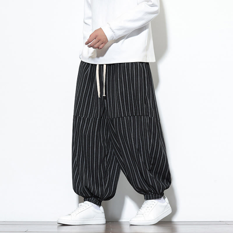 Buddha Stones Fall Striped Pattern Drawstring Men's Harem Corduroy Pants With Pockets - image 10