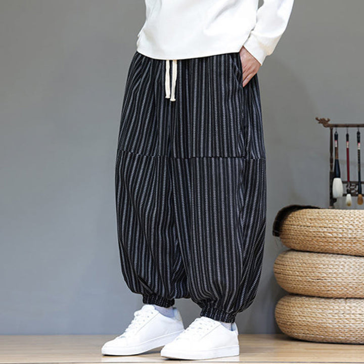 Buddha Stones Fall Striped Pattern Drawstring Men's Harem Corduroy Pants With Pockets - image 5