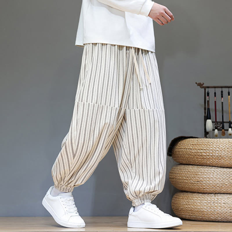 Buddha Stones Fall Striped Pattern Drawstring Men's Harem Corduroy Pants With Pockets - image 27