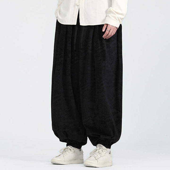 Buddha Stones Fall Plain Jacquard Design Drawstring Men's Harem Pants With Pockets - image 11