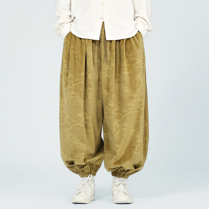 Buddha Stones Fall Plain Jacquard Design Drawstring Men's Harem Pants With Pockets - image 3