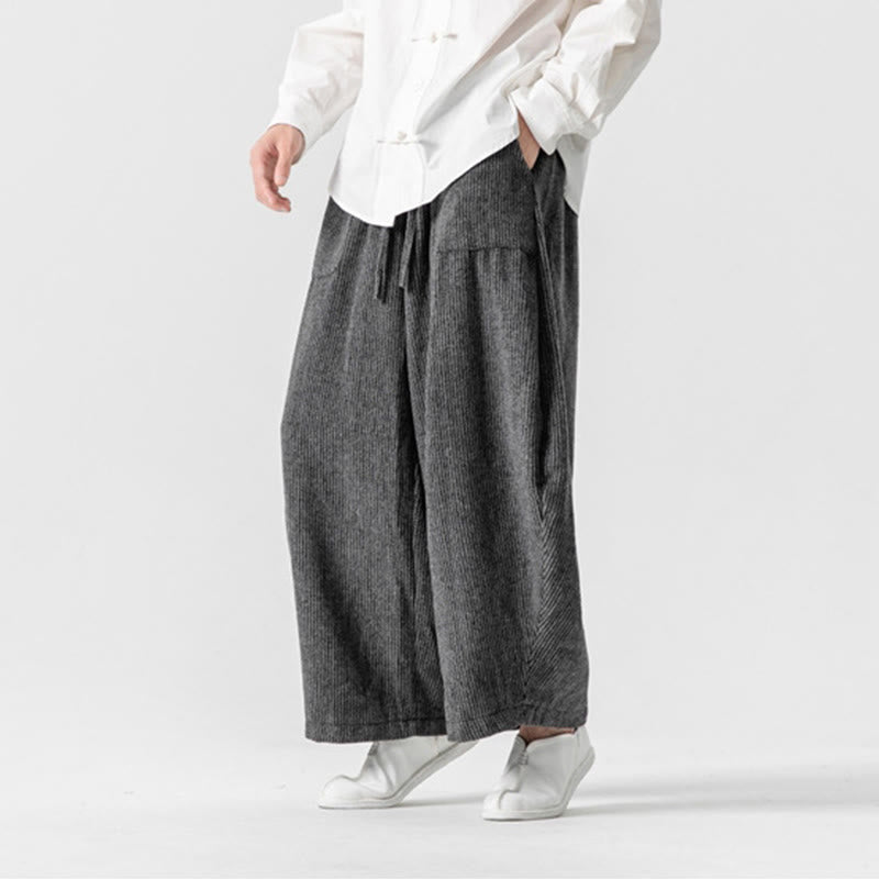 Buddha Stones Daily Solid Color Drawstring Design Men's Wide Leg Cotton Pants With Pockets - image 5