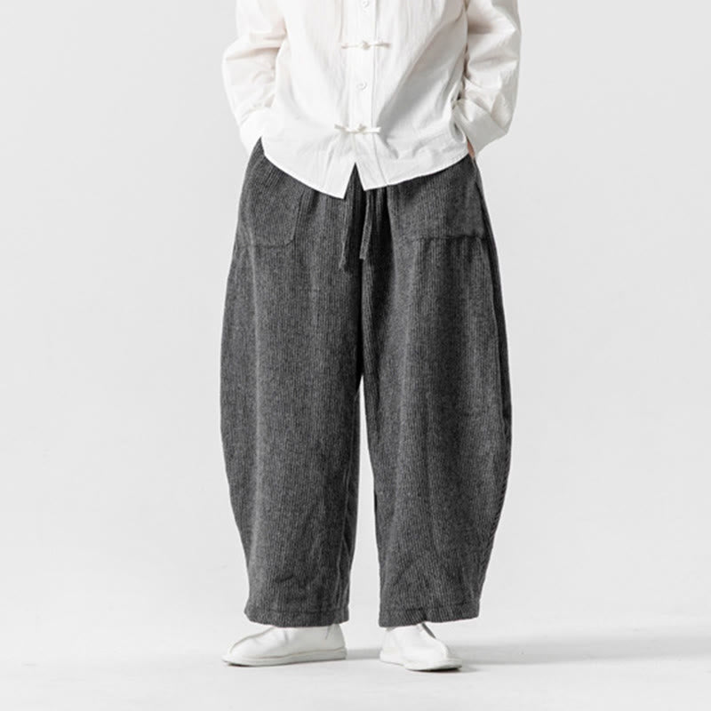 Buddha Stones Daily Solid Color Drawstring Design Men's Wide Leg Cotton Pants With Pockets - image 2