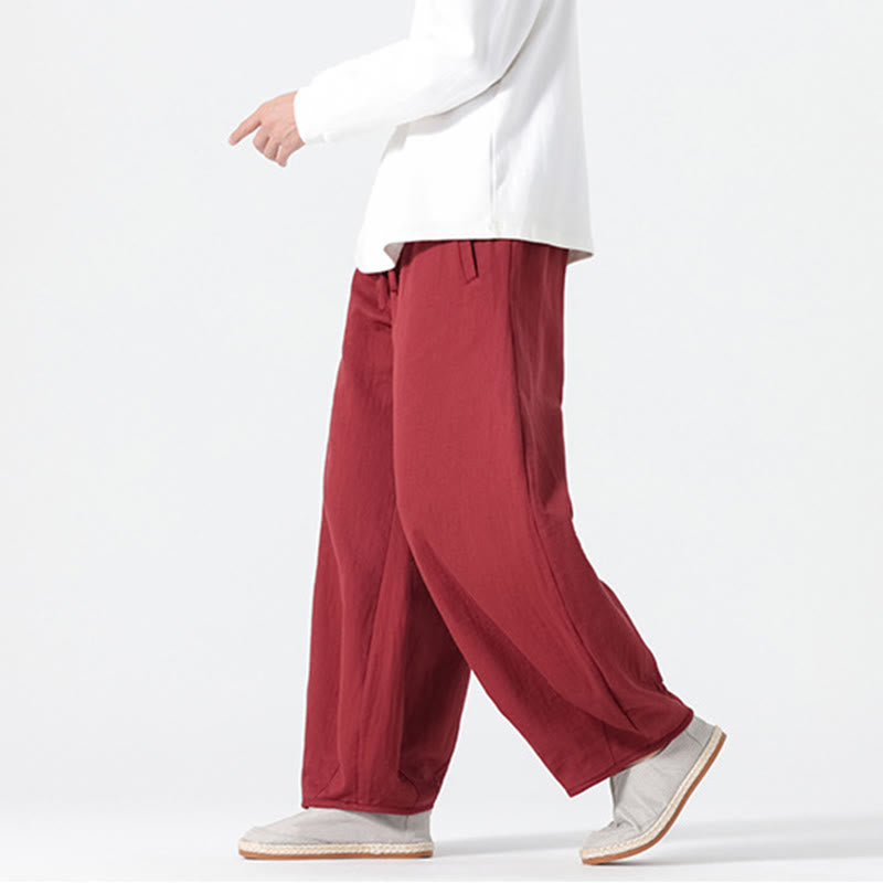 Buddha Stones Daily Drawstring Chinese Zen Style Men's Wide Leg Pure Pants With Pockets - image 15