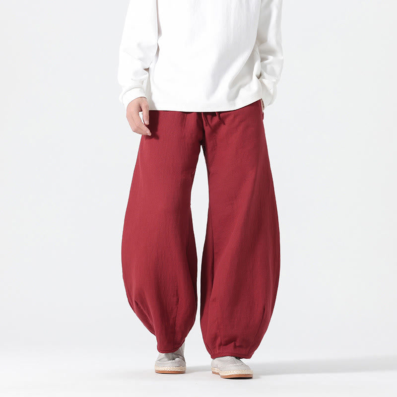Buddha Stones Daily Drawstring Chinese Zen Style Men's Wide Leg Pure Pants With Pockets - Crimson - US/UK/AU46，EU56 (5XL) - image 10