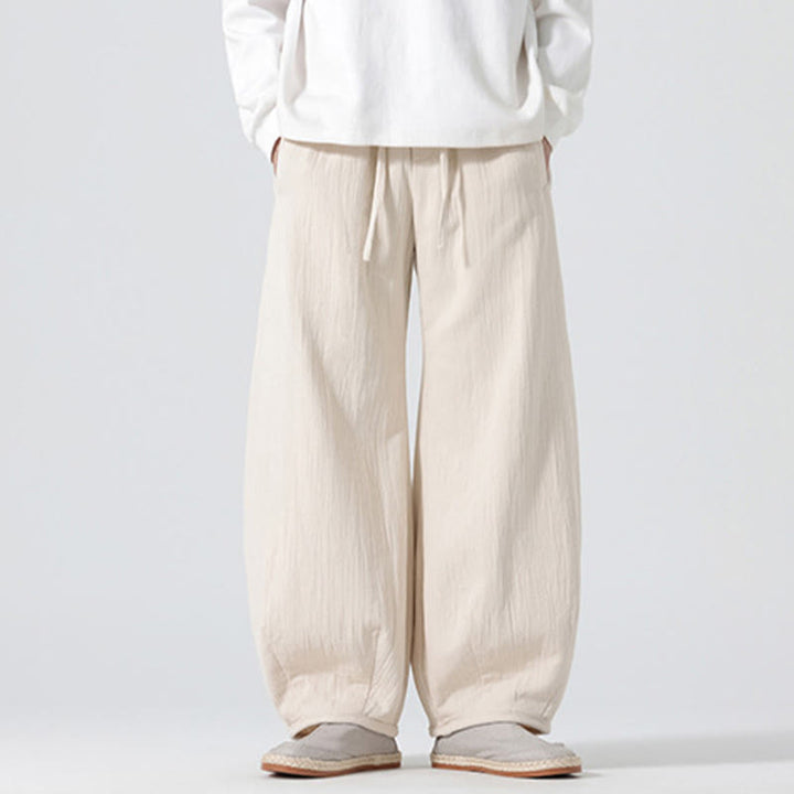 Buddha Stones Daily Drawstring Chinese Zen Style Men's Wide Leg Pure Pants With Pockets - image 1