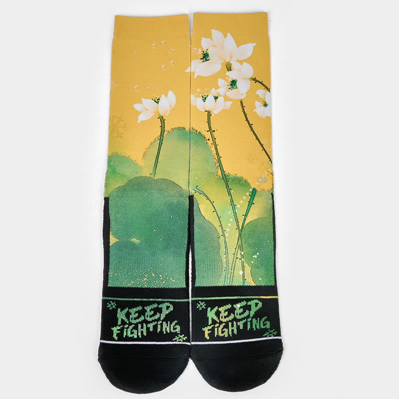 Buddha Stones Casual Beige Lotus Flowers Leaves Micro Crew Men Women Unisex Socks - image 1