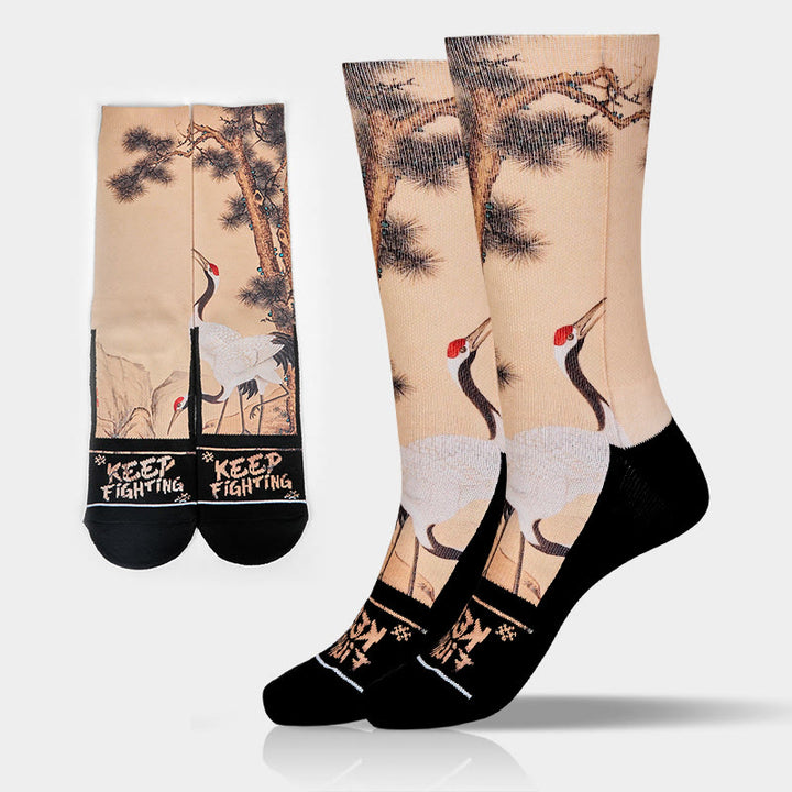 Buddha Stones Casual White Crane Pine Trees Mountains Micro Crew Men Women Unisex Socks - Bisque - One Size Fits Most (US 5-10.5，EU 38-44，UK/AU 5-10.5，AISA 24.5-28cm) - image 0