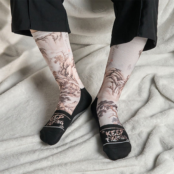 Buddha Stones Casual White Crane Pine Trees Mountains Micro Crew Men Women Unisex Socks - image 18