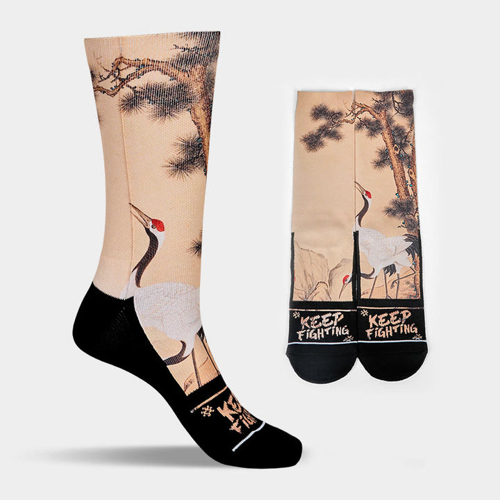 Buddha Stones Casual White Crane Pine Trees Mountains Micro Crew Men Women Unisex Socks - image 9