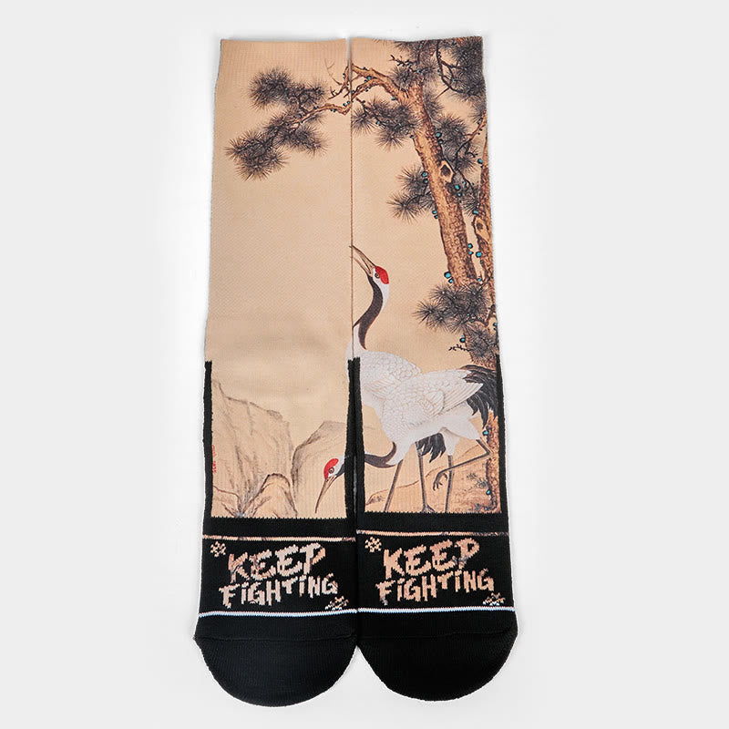 Buddha Stones Casual White Crane Pine Trees Mountains Micro Crew Men Women Unisex Socks - image 1