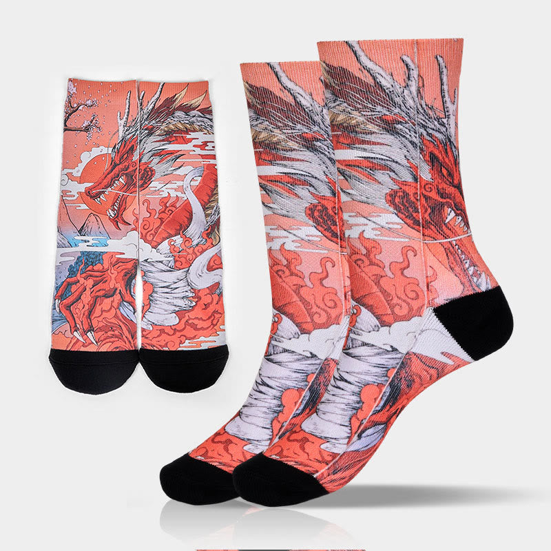 Buddha Stones Casual Red Dragon Volcano Sun Tree Mountains Micro Crew Men Women Unisex Socks - Coral - M-L(US 8-12，EU 41-45，UK/AU 7.5-11.5，AISA 25.5-28.5cm) - image 0
