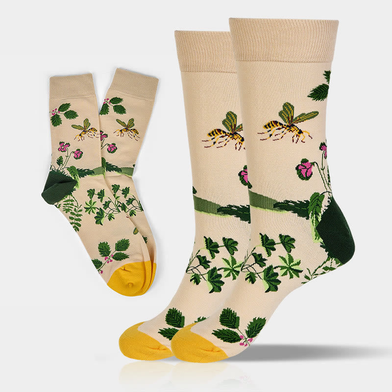 Buddha Stones Bee Frog Leaves Pattern Men Women Unisex Cotton Crew Socks - Bee and Frog - One Size Fits Most (US8–12.5，EU41-46，UK/AU7.5-12，Asia25.5-31cm) - image 0