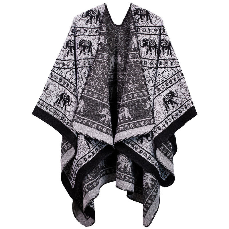 Buddha Stones Tibetan Jacquard Elephant Geometry Pattern Unisex Cozy Scarf Shawl - Black - image 0