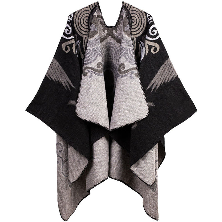 Buddha Stones Tibetan Open Front Auspicious Cloud Crane Pattern Unisex Cozy Scarf Shawl - Black - image 3