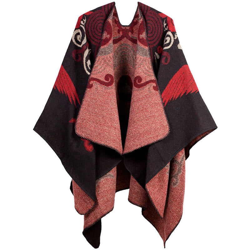 Buddha Stones Tibetan Open Front Auspicious Cloud Crane Pattern Unisex Cozy Scarf Shawl - Red - image 6