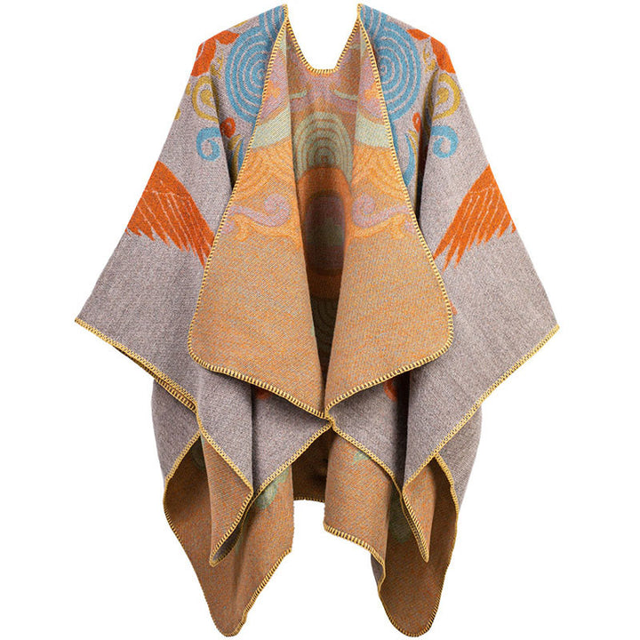 Buddha Stones Tibetan Open Front Auspicious Cloud Crane Pattern Unisex Cozy Scarf Shawl - SandyBrown - image 5